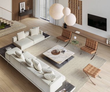 Geniş pencereli, televizyon duvarı, gri kanepesi, şöminesi ve merdivenleri olan açık bir oturma odası ve mutfak. Modern tasarım çözümü, 3d görüntüleme