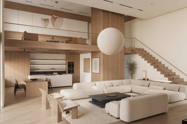 Geniş pencereli, televizyon duvarlı, gri kanepeli, tahta panelli ve merdivenli açık bir oturma odası ve mutfak. Modern tasarım çözümü, 3d görüntüleme