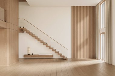 Geniş pencereli, televizyon duvarlı, gri kanepeli, tahta panelli ve merdivenli açık bir oturma odası ve mutfak. Modern tasarım çözümü, 3d görüntüleme