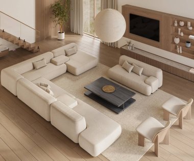 Geniş pencereli, televizyon duvarlı, gri kanepeli, tahta panelli ve merdivenli açık bir oturma odası ve mutfak. Modern tasarım çözümü, 3d görüntüleme