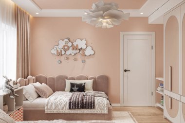 İki yataklı, yumuşak pastel renkli, üç boyutlu çocuk odasının içi.