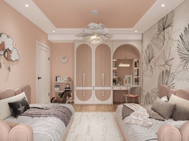 İki yataklı, yumuşak pastel renkli, üç boyutlu çocuk odasının içi.