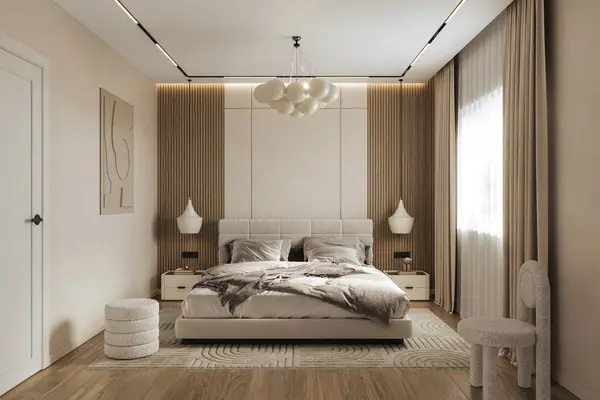 Yatak Odasının Içinde Boyutlu Paneller Ahşap Funitür Kolye Işığı Ahşap Stok Fotoğraf
