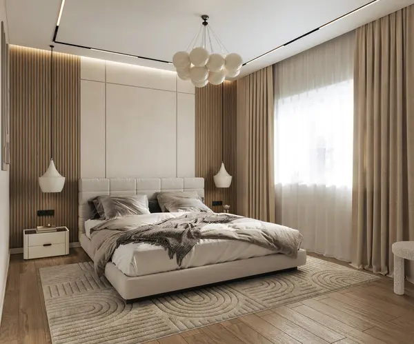 Yatak Odasının Içinde Boyutlu Paneller Ahşap Funitür Kolye Işığı Ahşap Stok Resim