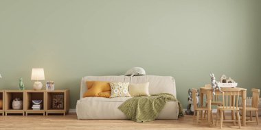 Modern minimalist tarzda pastel renklerde çocuk odasının içi. Uzayı kopyala Şablon, 3d görüntüleme 