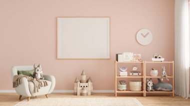 Modern minimalist tarzda pastel renklerde çocuk odasının içi. Uzayı kopyala Şablon, 3d görüntüleme 