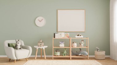 Modern minimalist tarzda pastel renklerde çocuk odasının içi. Uzayı kopyala Şablon, 3d görüntüleme 