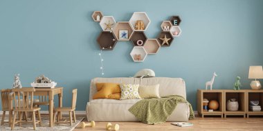 Modern minimalist tarzda pastel renklerde çocuk odasının içi. Uzayı kopyala Şablon, 3d görüntüleme 