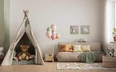 Modern minimalist tarzda pastel renklerde çocuk odasının içi. Uzayı kopyala Şablon, 3d görüntüleme 