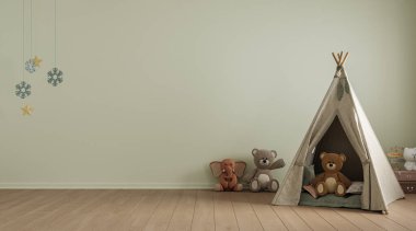 Modern minimalist tarzda pastel renklerde çocuk odasının içi. Uzayı kopyala Şablon, 3d görüntüleme 