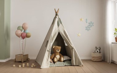 Modern minimalist tarzda pastel renklerde çocuk odasının içi. Uzayı kopyala Şablon, 3d görüntüleme 