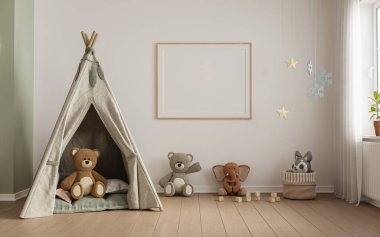 Modern minimalist tarzda pastel renklerde çocuk odasının içi. Uzayı kopyala Şablon, 3d görüntüleme 
