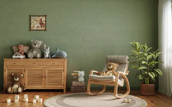 Belső Gyermekszoba Szekrénnyel Kényelmes Fotellel Játékokkal Másold Helyet Sablon Renderelés Stock Kép