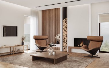 Minimalist oturma odası. Beyaz duvarları ve modern şöminesi var. İç modelleme, 3D canlandırma