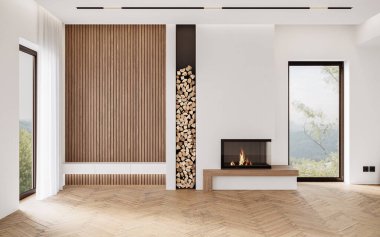 Minimalist oturma odası. Beyaz duvarları ve modern şöminesi var. İç modelleme, 3D canlandırma