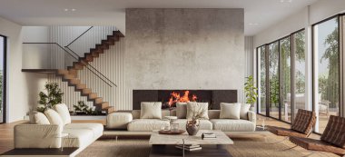 Büyük pencereleri, merdivenleri, şöminesi ve dekoru olan rahat bir oturma odası. Modern tasarım çözümü, 3d görüntüleme