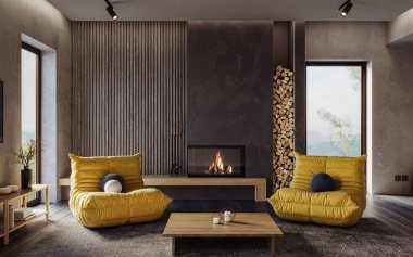 Minimalist oturma odasının içinde modern şömine ve grunge duvarlar var. İç modelleme, 3D canlandırma