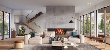 Büyük pencereleri, merdivenleri, şöminesi ve dekoru olan rahat bir oturma odası. Modern tasarım çözümü, 3d görüntüleme