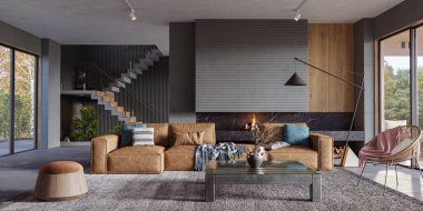 Oturma odasının içinde beton duvarlar, merdiven ve şömine var. Modern tasarım çözümü, 3d görüntüleme