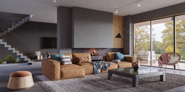 Oturma odasının içinde beton duvarlar, merdiven ve şömine var. Modern tasarım çözümü, 3d görüntüleme