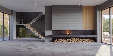 Oturma odasının içinde beton duvarlar, merdiven ve şömine var. Modern tasarım çözümü, 3d görüntüleme