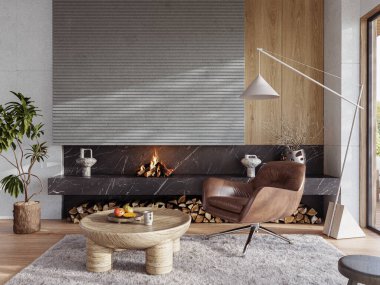 Beton duvarları ve şöminesi olan modern oturma odası. Modern tasarım çözümü, 3d görüntüleme