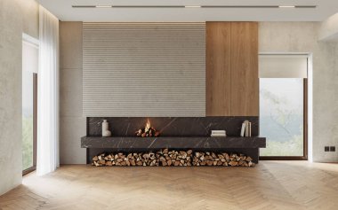 Beton duvarları ve şöminesi olan modern oturma odası. Modern tasarım çözümü, 3d görüntüleme