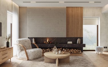 Beton duvarları ve şöminesi olan modern oturma odası. Modern tasarım çözümü, 3d görüntüleme