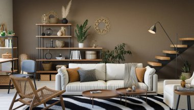 Rafları ve rahat beyaz koltuğu olan modern dairenin iç tasarımı.