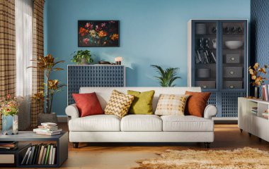 Mavi duvarları olan rahat bir oturma odası. Modern tasarım çözümü, 3d görüntüleme