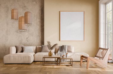 Oturma odasının modern iç tasarımı yumuşak nötr tonlarda. İç modelleme, 3D canlandırma