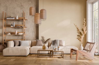 Oturma odasının modern iç tasarımı yumuşak nötr tonlarda. İç modelleme, 3D canlandırma