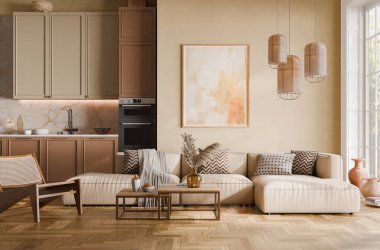 Oturma odasının modern iç tasarımı yumuşak nötr tonlarda. İç modelleme, 3D canlandırma