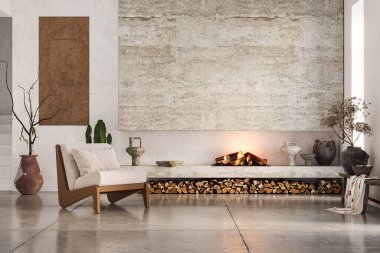 Wabi Sabi tarzı iç döşeme, kırsal şömine ve beyaz sıva duvarlar. Duvar maketi, 3D görüntüleme