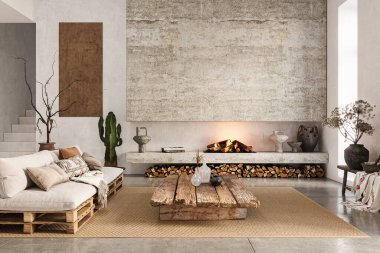 Wabi Sabi tarzı iç döşeme, kırsal şömine ve beyaz sıva duvarlar. Duvar maketi, 3D görüntüleme