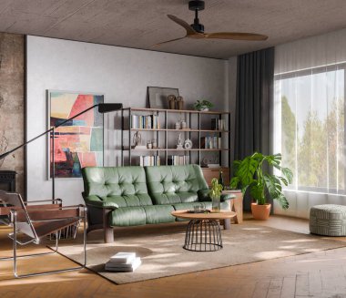 Kaba unsurlarla dolu sıcak bir oturma odası. Modern tasarım çözümü, 3d görüntüleme