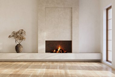 Minimalist oturma odasının içinde modern şömine var. İç modelleme, 3D canlandırma
