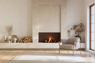Minimalist oturma odasının içinde modern şömine var. İç modelleme, 3D canlandırma