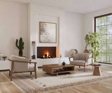 Minimalist oturma odasının içinde modern şömine var. İç modelleme, 3D canlandırma