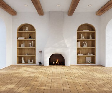 Wabi-Sabi oturma odasının içinde kemerli raflar ve şömine var.