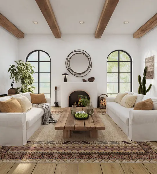 stock image Wabi-sabi living room interior with arch windows and fireplace, 3d render