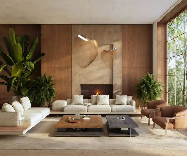 Minimalist oturma odası modern şömine ve ahşap duvar panelleriyle. İç modelleme, 3D canlandırma