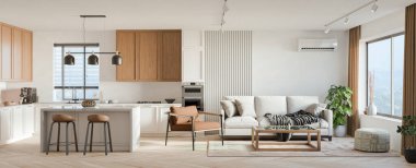 Stüdyo odasının içi dinlenme odası ve yemek odası kanepe ve yemek masasıyla döşenmiş. Modern tasarım çözümü, 3d görüntüleme