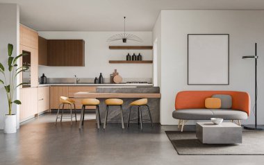 Yemek pişirme alanı, beyaz duvarlar, beton zemin ve modern mobilyalarla dolu bir stüdyo odası. Minimalist tasarım, 3D görüntüleme