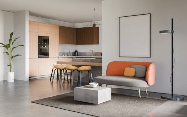 Yemek pişirme alanı, beyaz duvarlar, beton zemin ve modern mobilyalarla dolu bir stüdyo odası. Minimalist tasarım, 3D görüntüleme