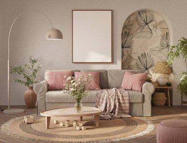 Açık renkli, kemerli duvarlı, ahşap döşemeli ve rahat mobilyalı rahat bir ev. İç modelleme, 3D görüntüleme