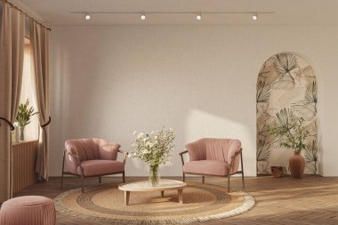 Açık renkli, kemerli duvarlı, ahşap döşemeli ve rahat mobilyalı rahat bir ev. İç modelleme, 3D görüntüleme