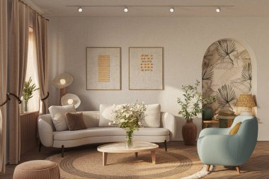 Açık renkli, kemerli duvarlı, ahşap döşemeli ve rahat mobilyalı rahat bir ev. İç modelleme, 3D görüntüleme