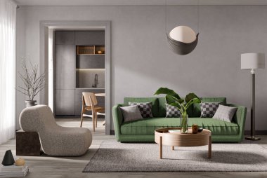 Gri sıva duvarları ve modern mobilyaları olan oturma odasının modern iç tasarımı. Güzel dekorasyon. Model al, 3D görüntüleme