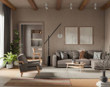 Oturma odasının kaplama duvarları ve kiriş tavanı olan modern iç tasarımı. Güzel dekorasyon. Model al, 3D görüntüleme